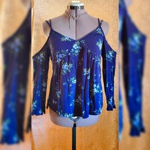 American Eagle Off Shoulder Gauze Top XS blue floral boho cottagecore fairycore